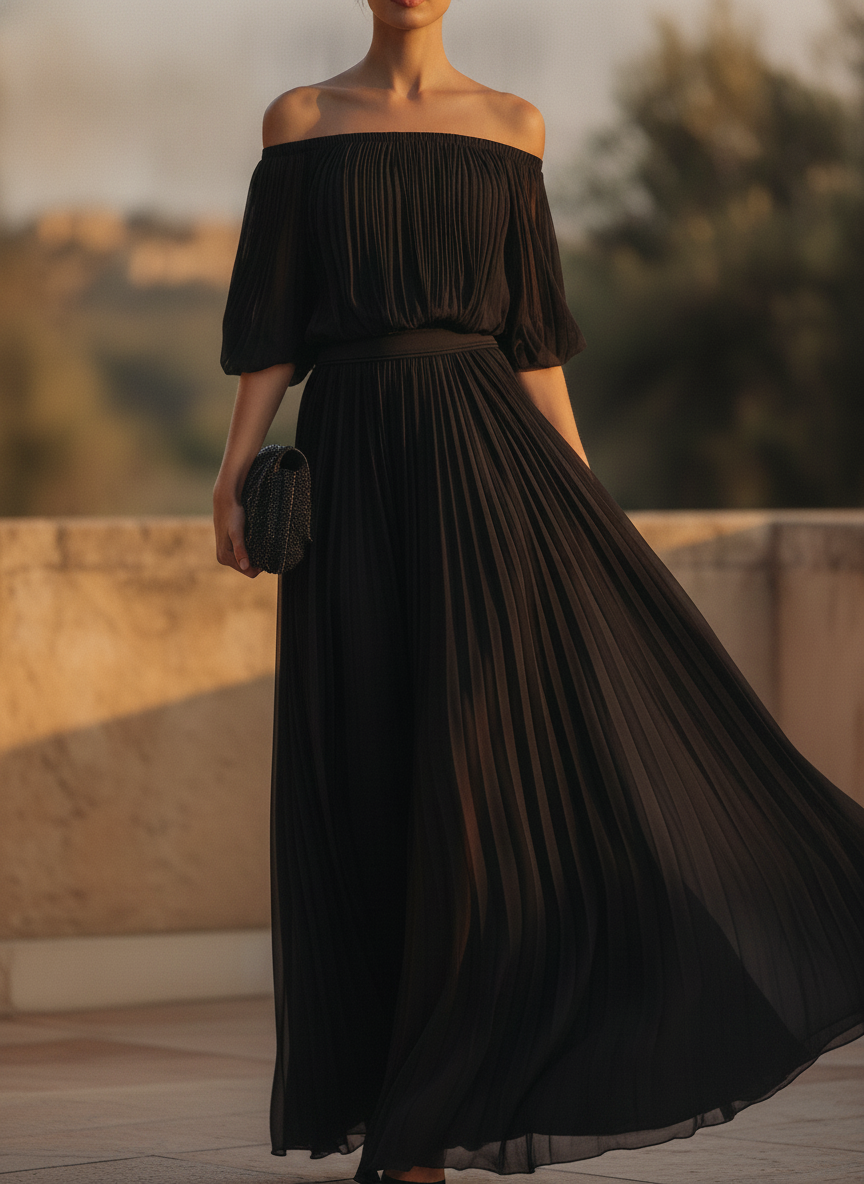 Faustine | Off-Shoulder Pleated Chiffon Maxi Evening Dress