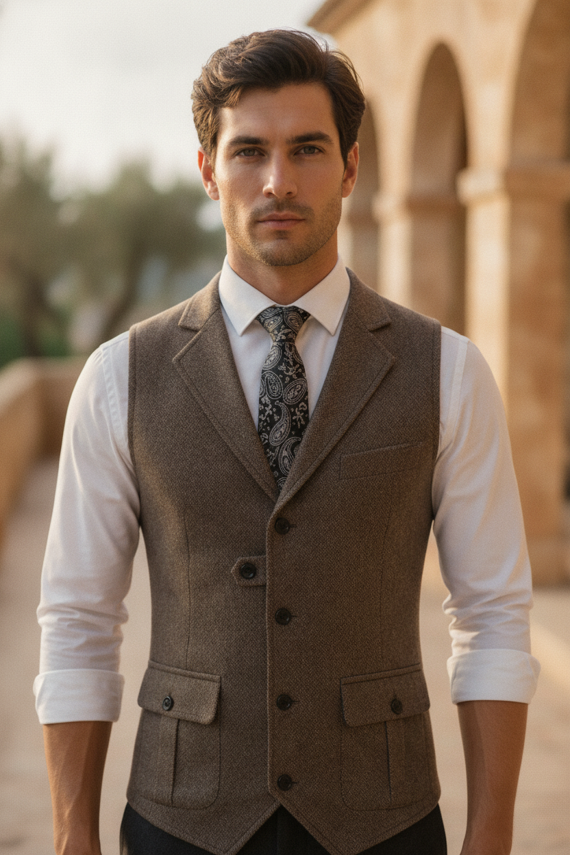 Wesley | Men Herringbone Tweed Wedding Waistcoat Tailored Fit