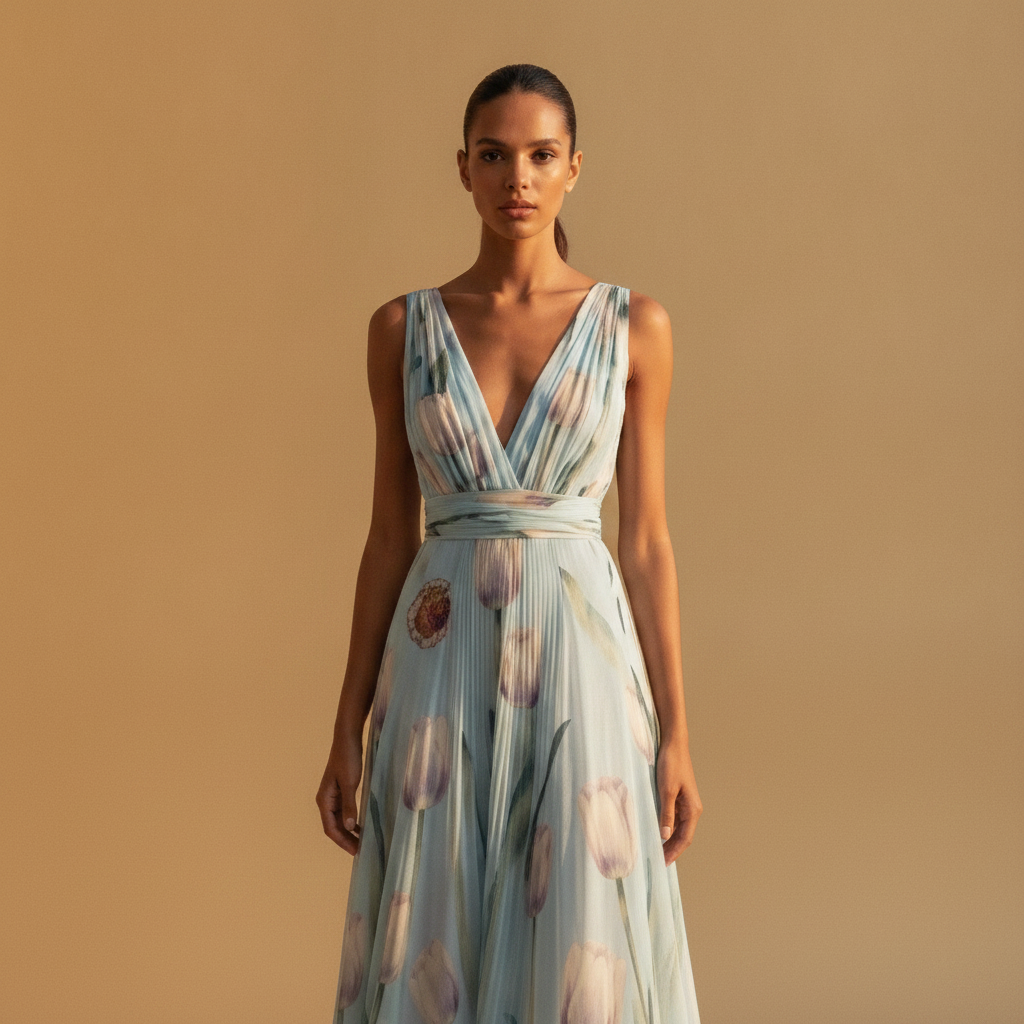 Eulalie | Tulip Print V-Neck Maxi Wedding Guest Dress