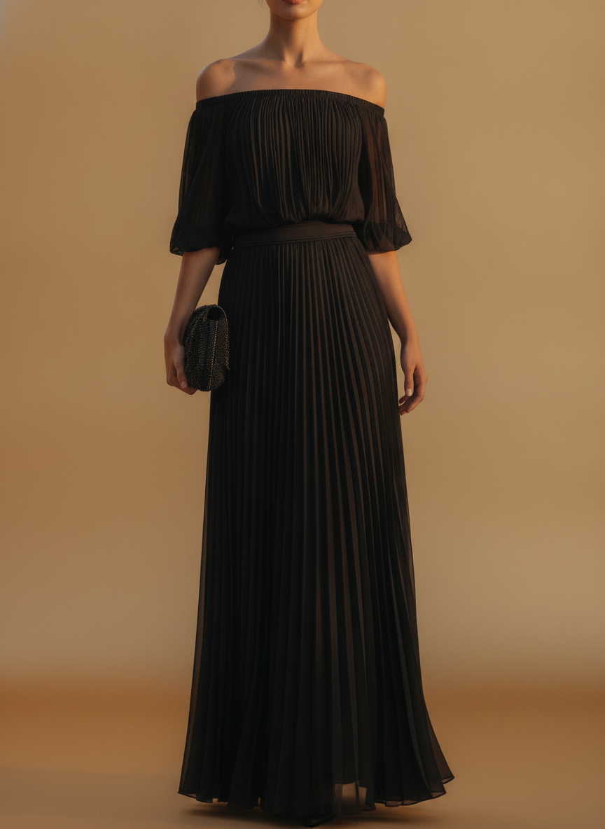 Xanthe | Off-Shoulder Pleated Chiffon Maxi Evening Dress