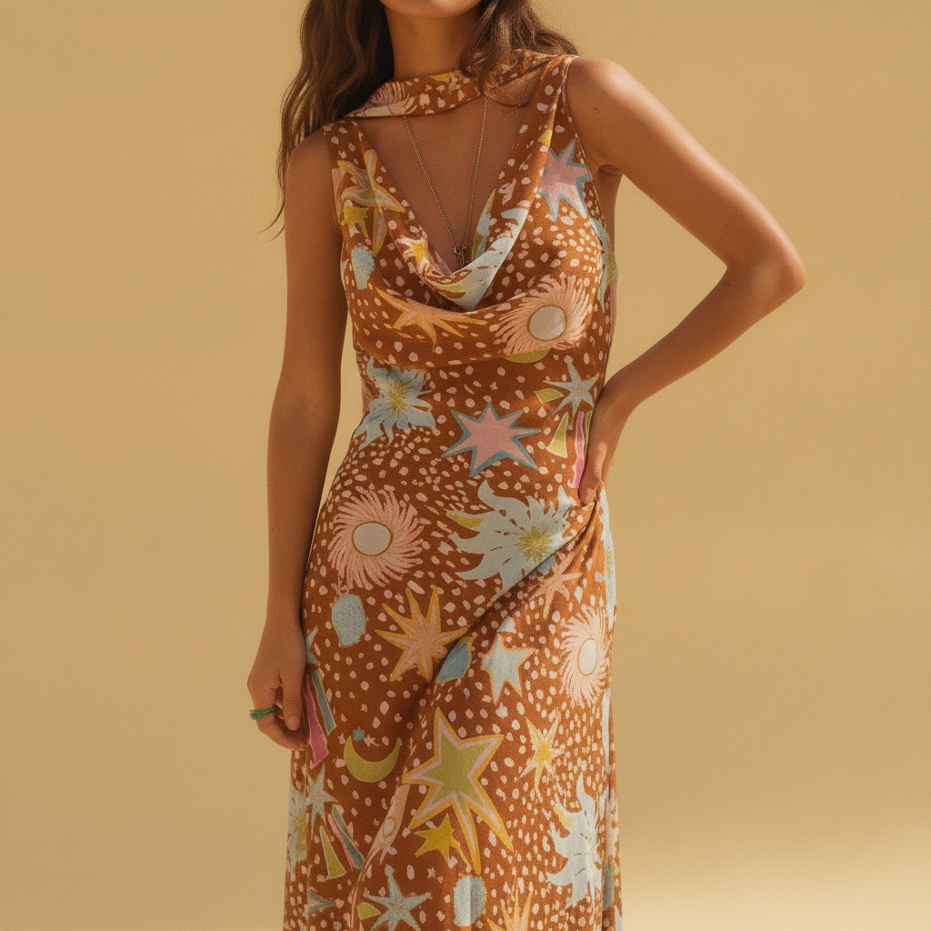 Octavia | Cowl Neck Halter House Dress Brown Fawn Print