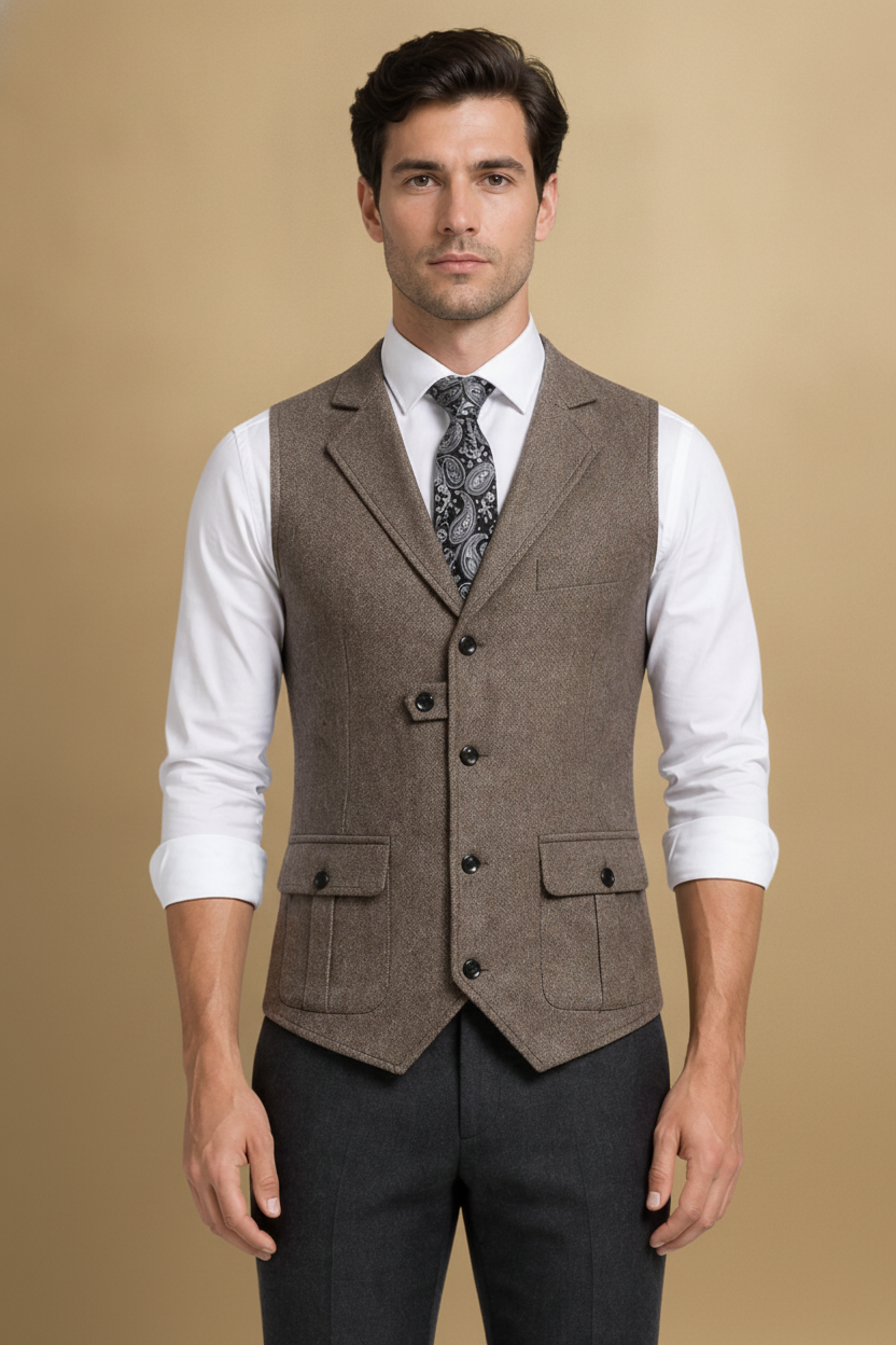 Isaac | Men Herringbone Tweed Wedding Waistcoat Tailored Fit