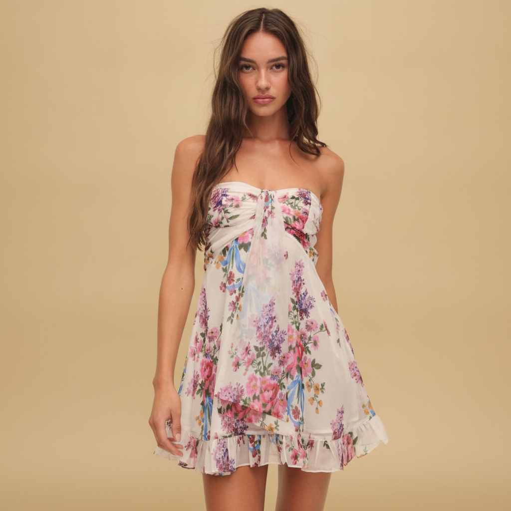 Delia | Floral Strapless Mini Winter Wedding Guest Dresses
