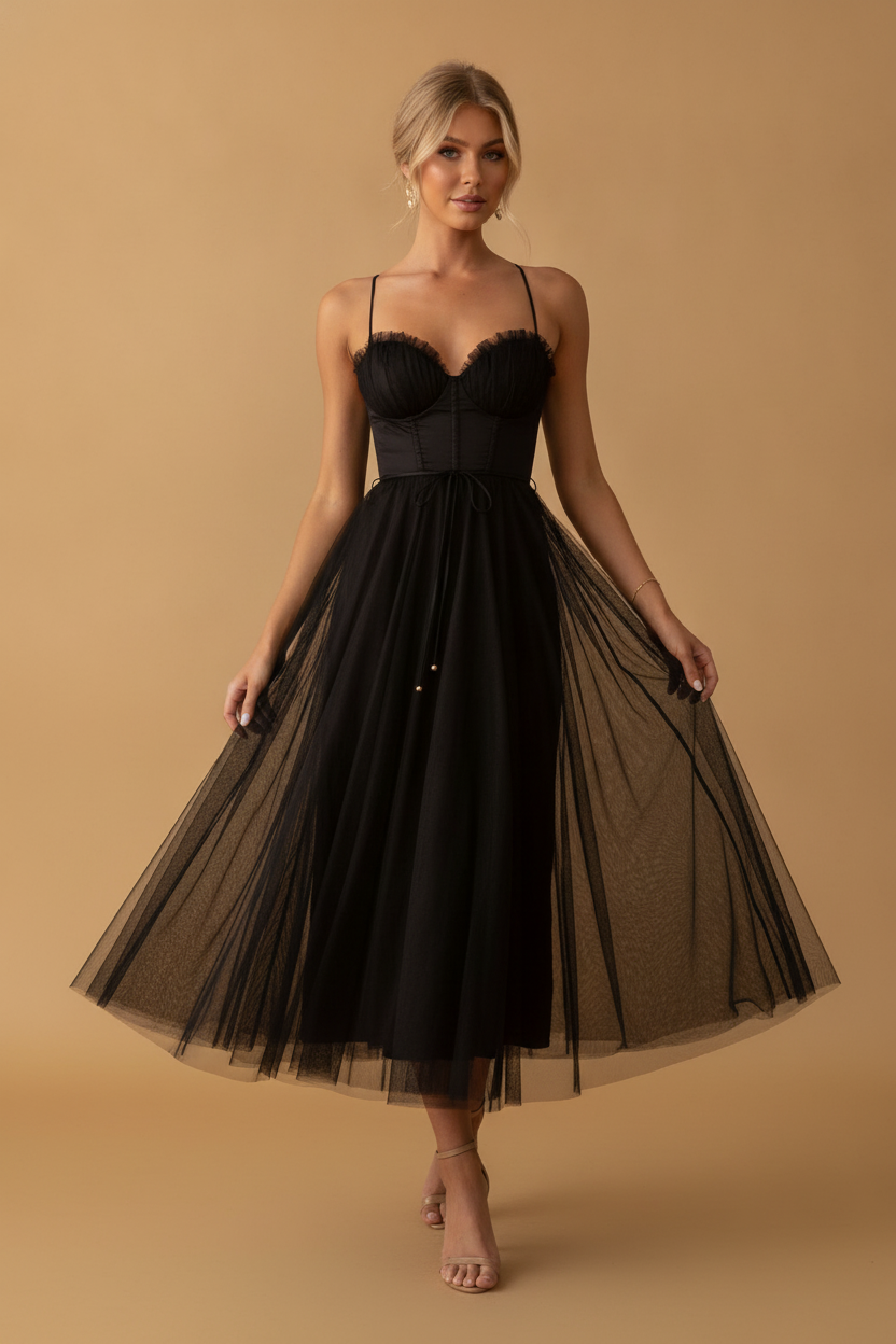 Esmee | Black Corset Tulle Midi Dress For Weddings And Events