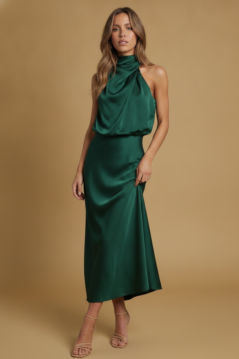 Hermione | Halter Satin Summer Wedding Guest Midi Dress