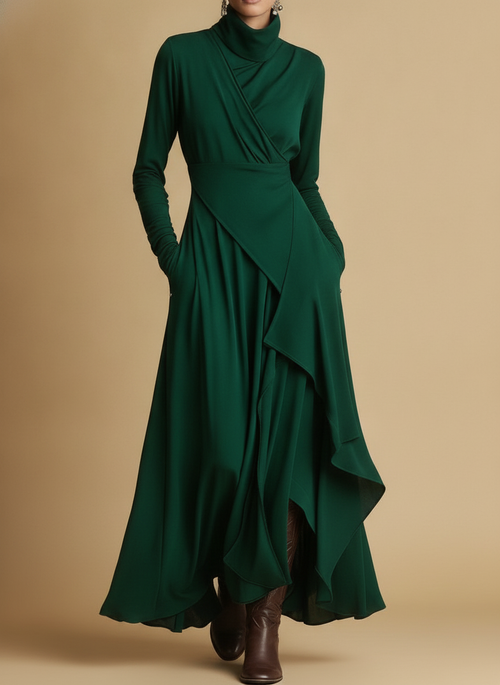 Adeline | Asymmetric Drape Turtleneck Maxi Dress For Evening