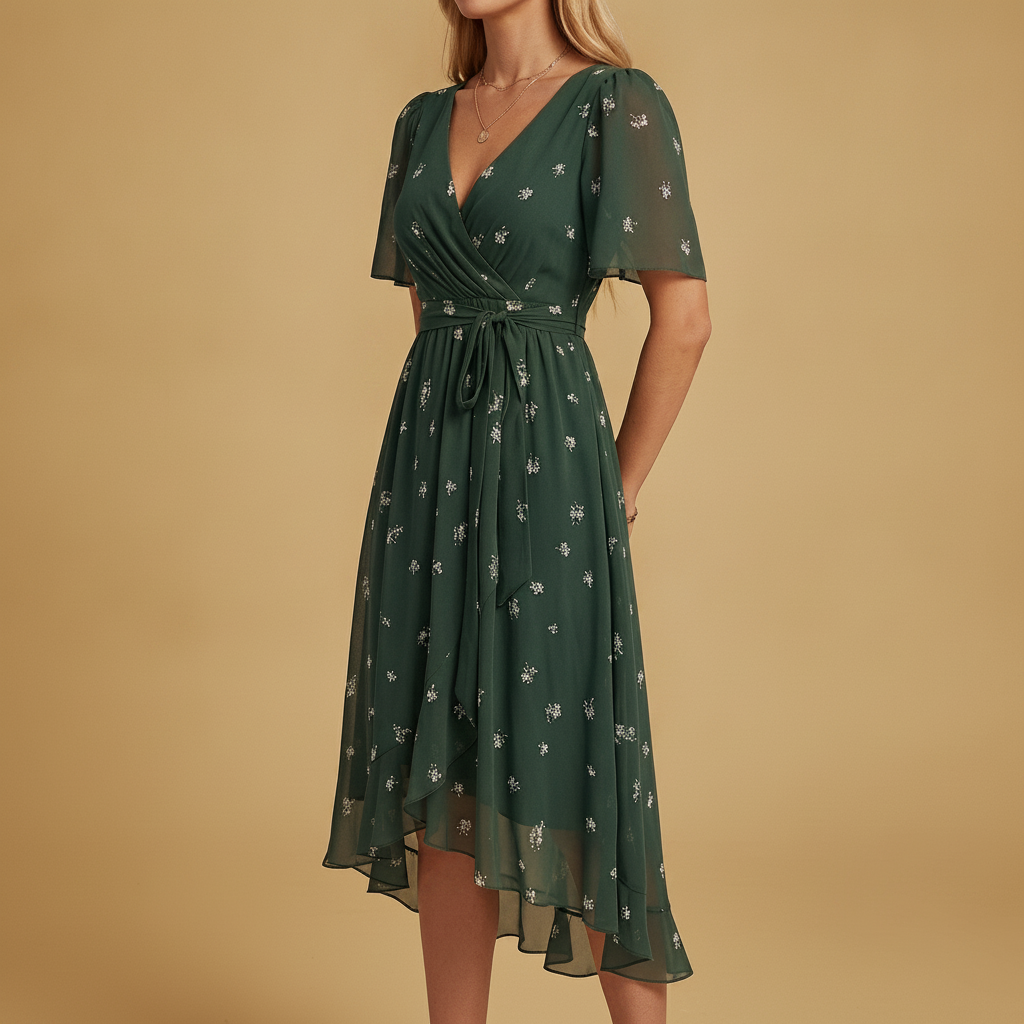 Apolline | Floral Midi Summer Dress With Flutter Sleeves