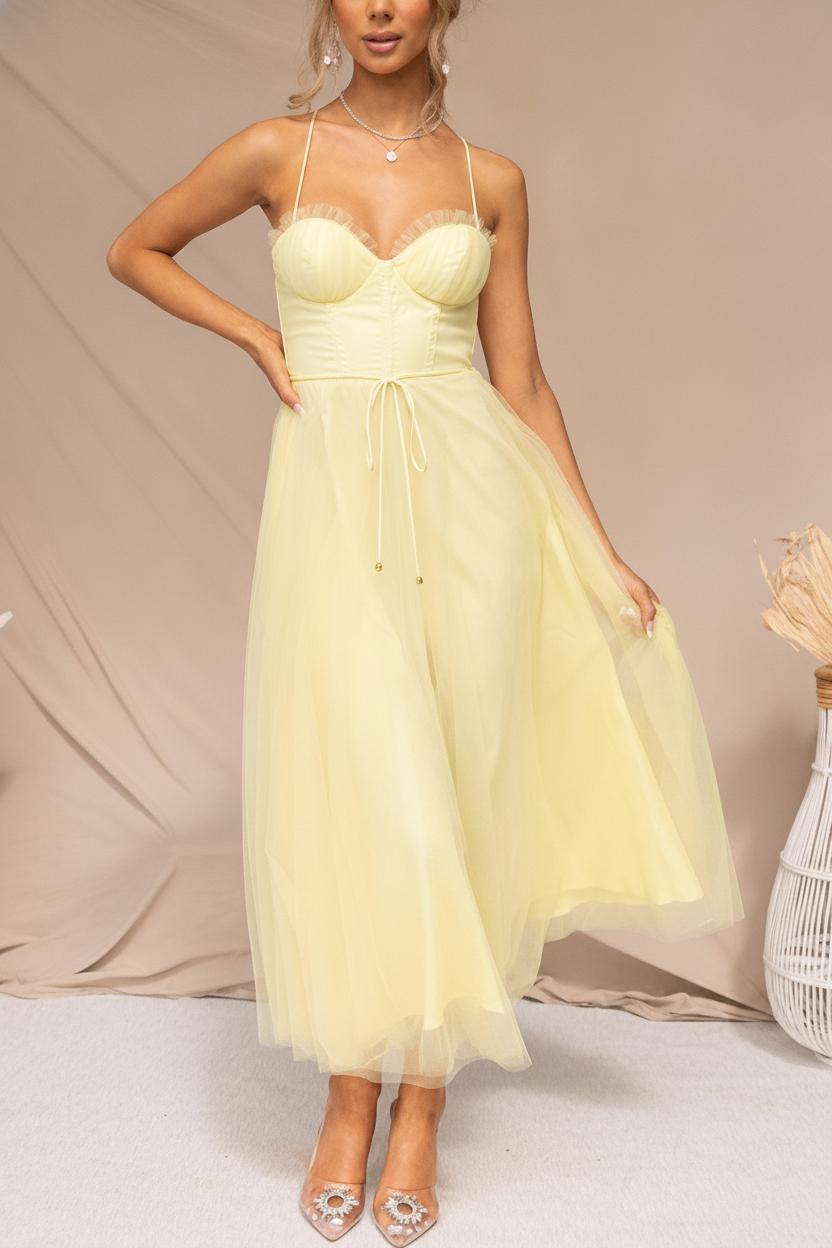 Amandine | White Tulle Corset Midi Dress Sweetheart Neckline