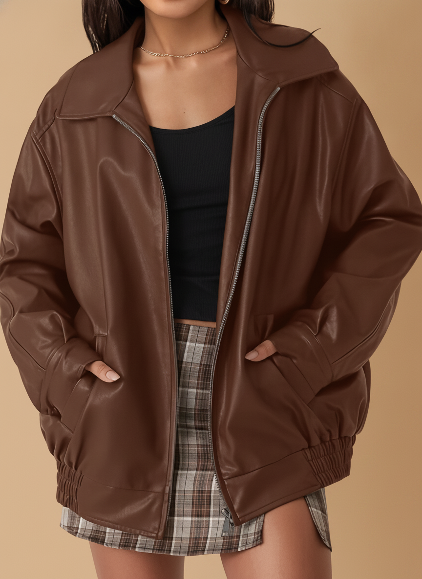 Honorine | Oversized Faux Leather Jacket in Brown Black Olive