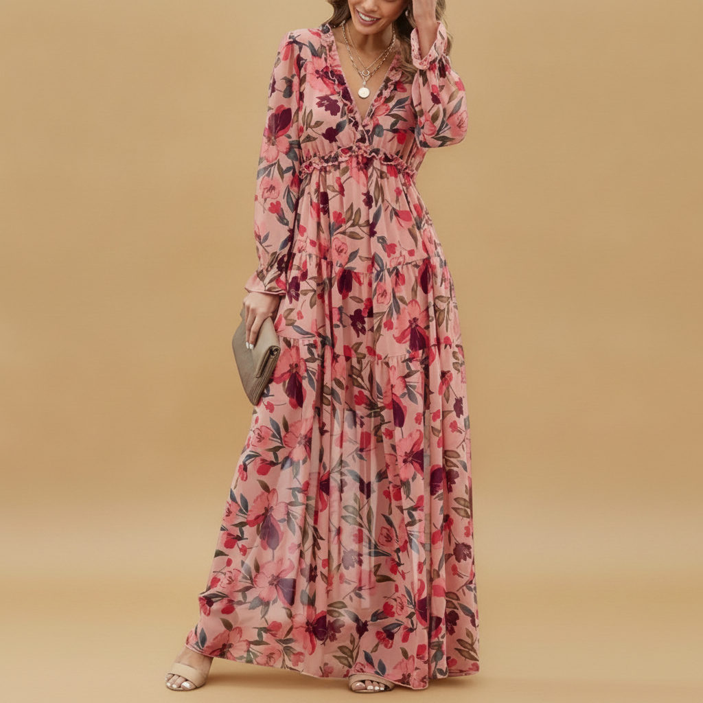 Celestine | Floral V-Neck Pleated Bridesmaid Maxi Dresses