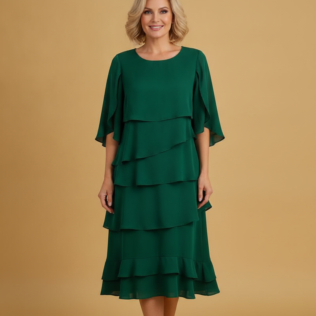 Odette | Long Sleeve Wedding Guest Midi Dress With Ruffle Detail