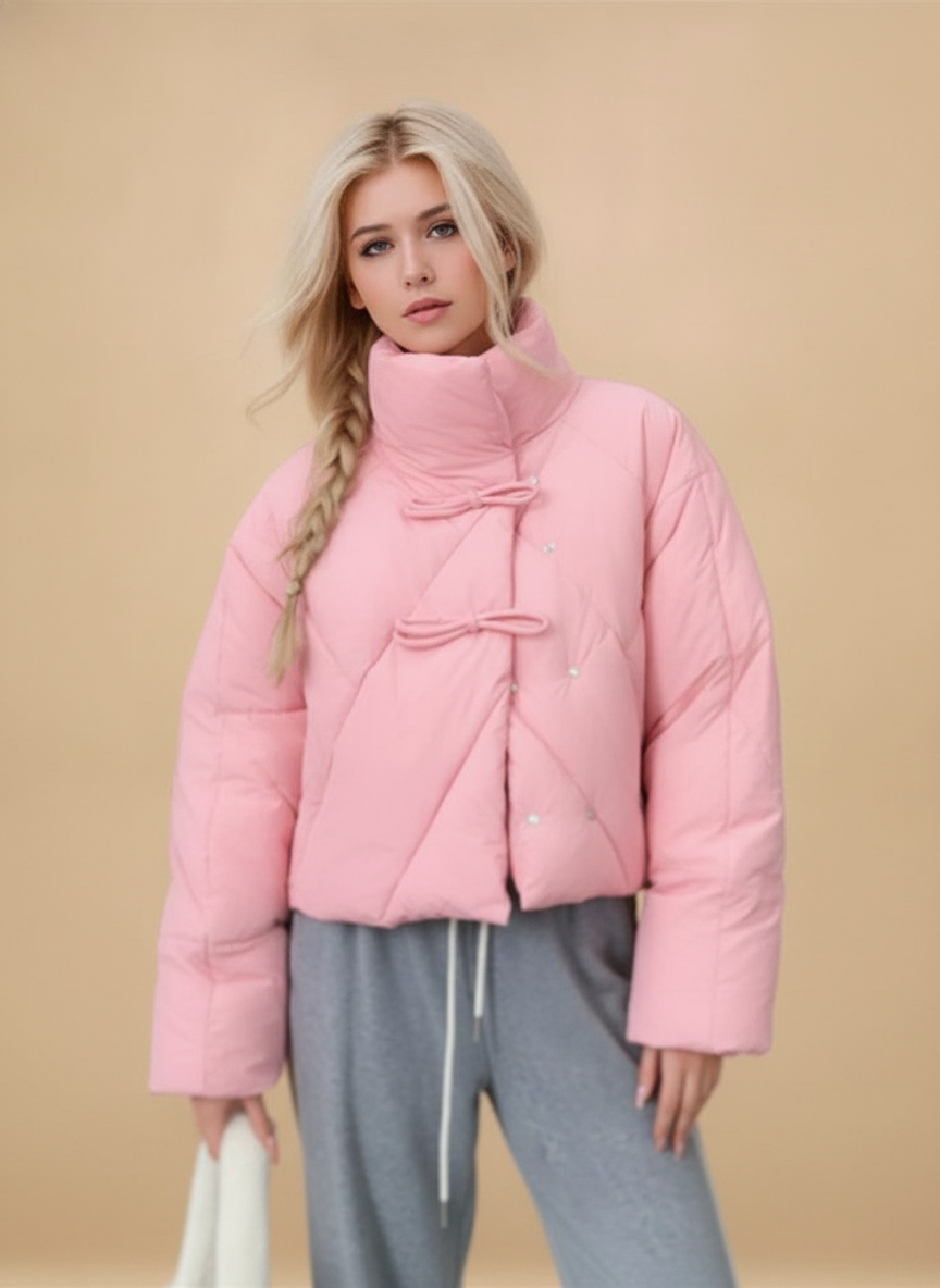 Dominique | Cropped Leather Jacket With Bow Detail For Winter