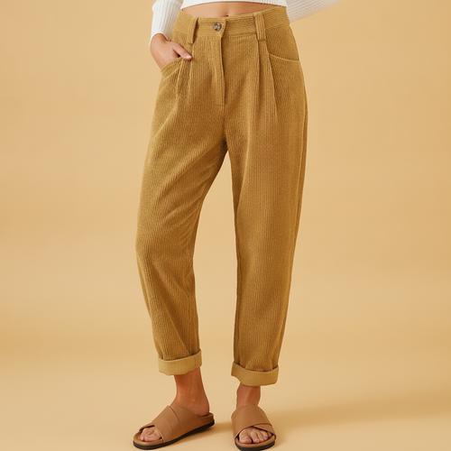 Clemence | High Waisted Black Pleated Corduroy Trousers