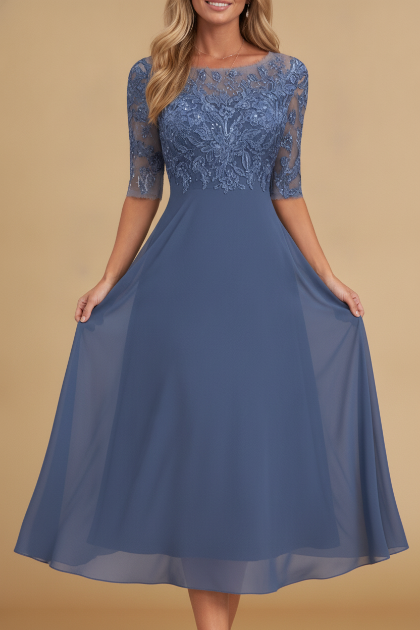 Edith | Women Long Sleeve Chiffon Midi Wedding Guest Dresses
