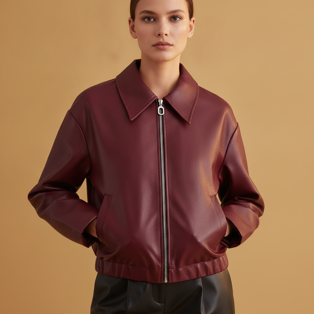 Maelys | Women Burgundy Leather Bomber Jacket