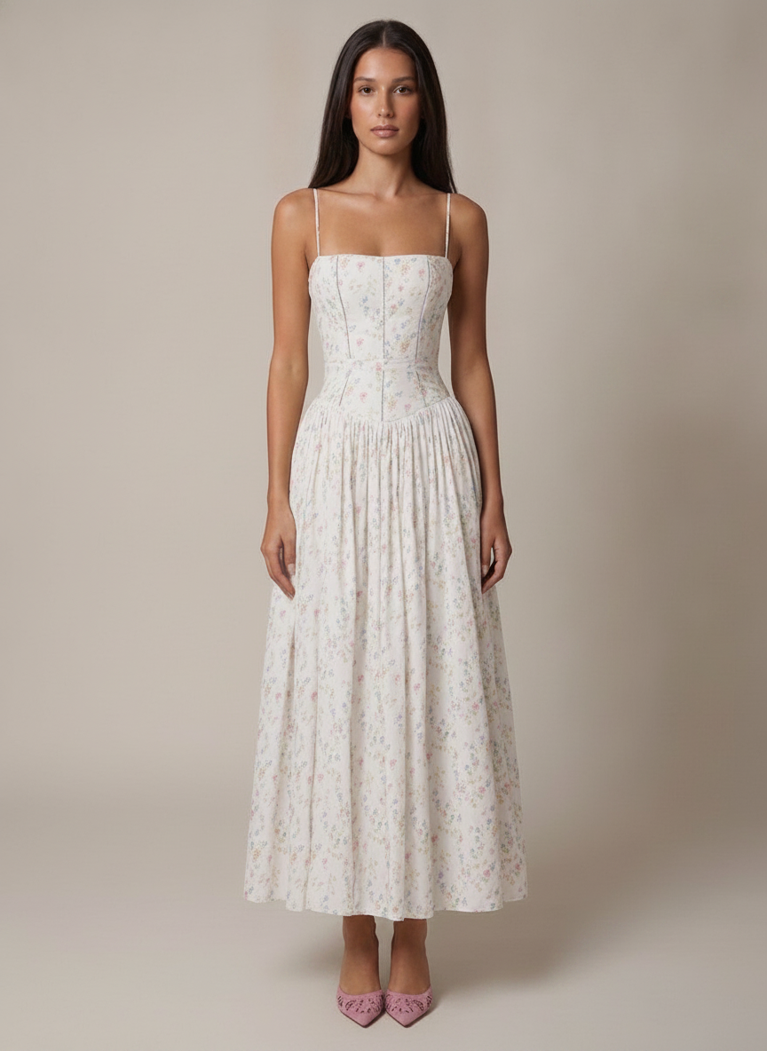 Odette | Elegant Floral V-Neck Midi Dresses For Wedding Guests