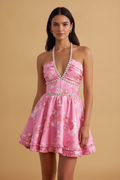 Celeste | Pink Floral Halter Neck Mini Wedding Guest Dress