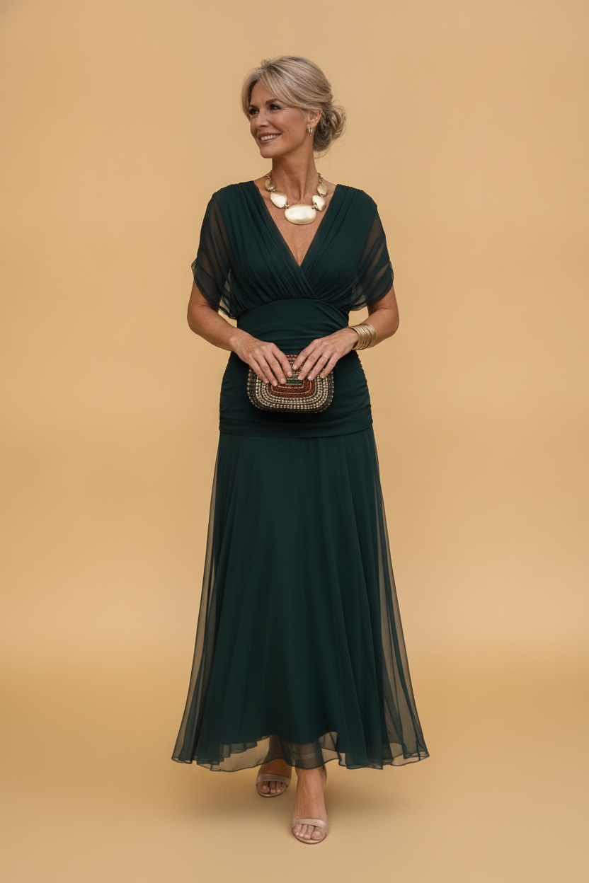 Verena | Chiffon Maxi Dress V-Neck Ruched Waist Evening Wedding