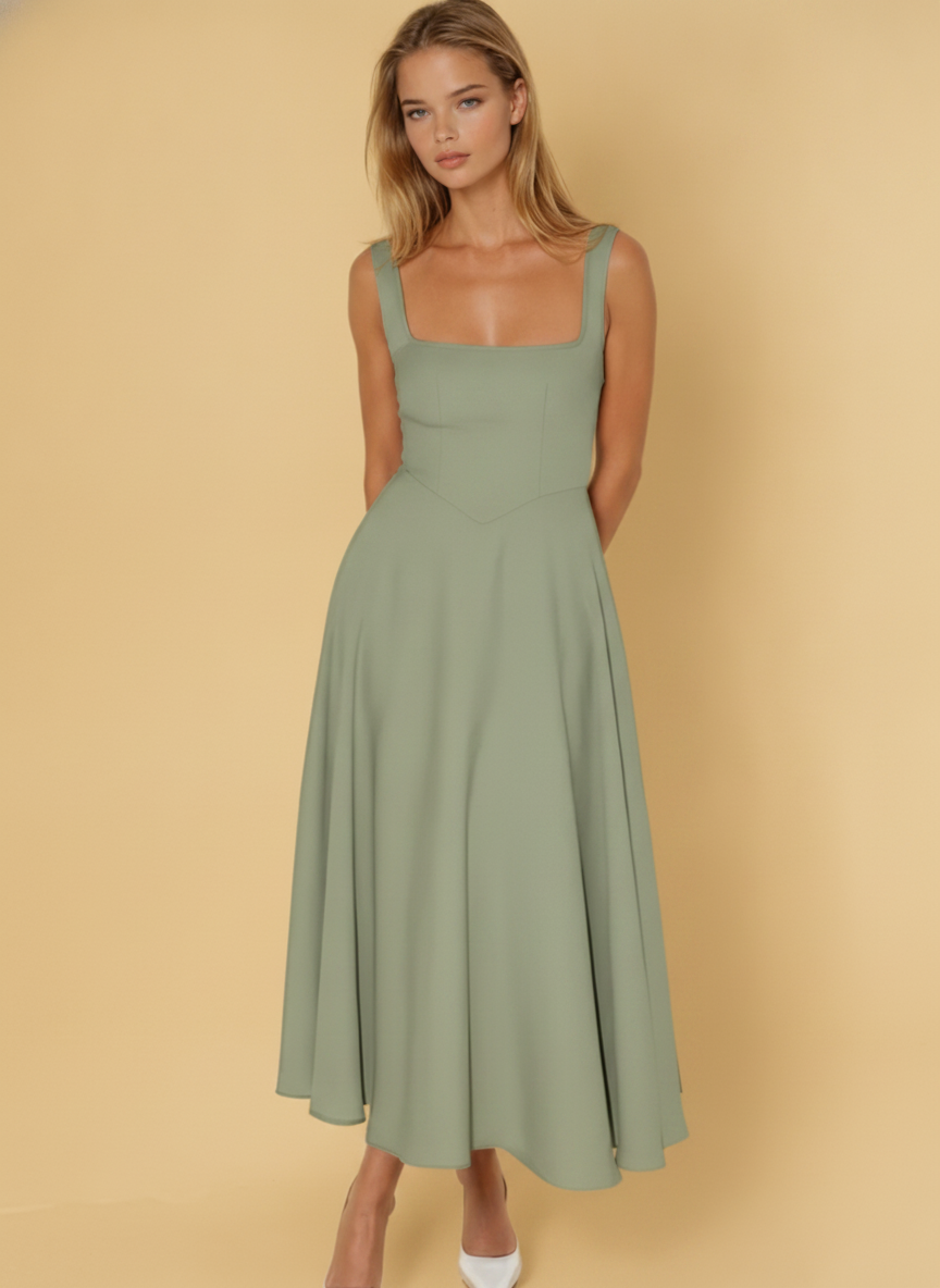 Delia | Sage White Red Black Midi Dress Square Neck Wedding Guest