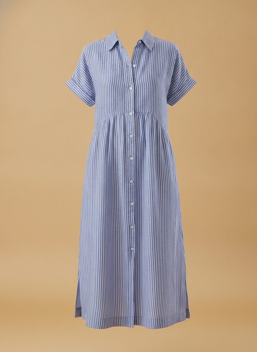 Ninon | Black Linen Midi Dress With Button Front And Stripes