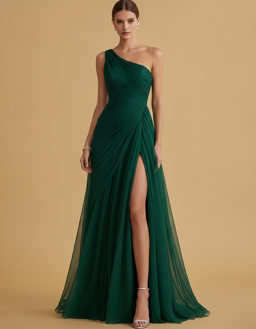 Ursula | Pleated Chiffon Maxi Dress One Shoulder Wedding Guest