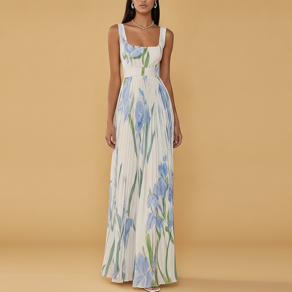 Delphine | Floral Bridesmaid Dresses Square Neck Pleated Maxi