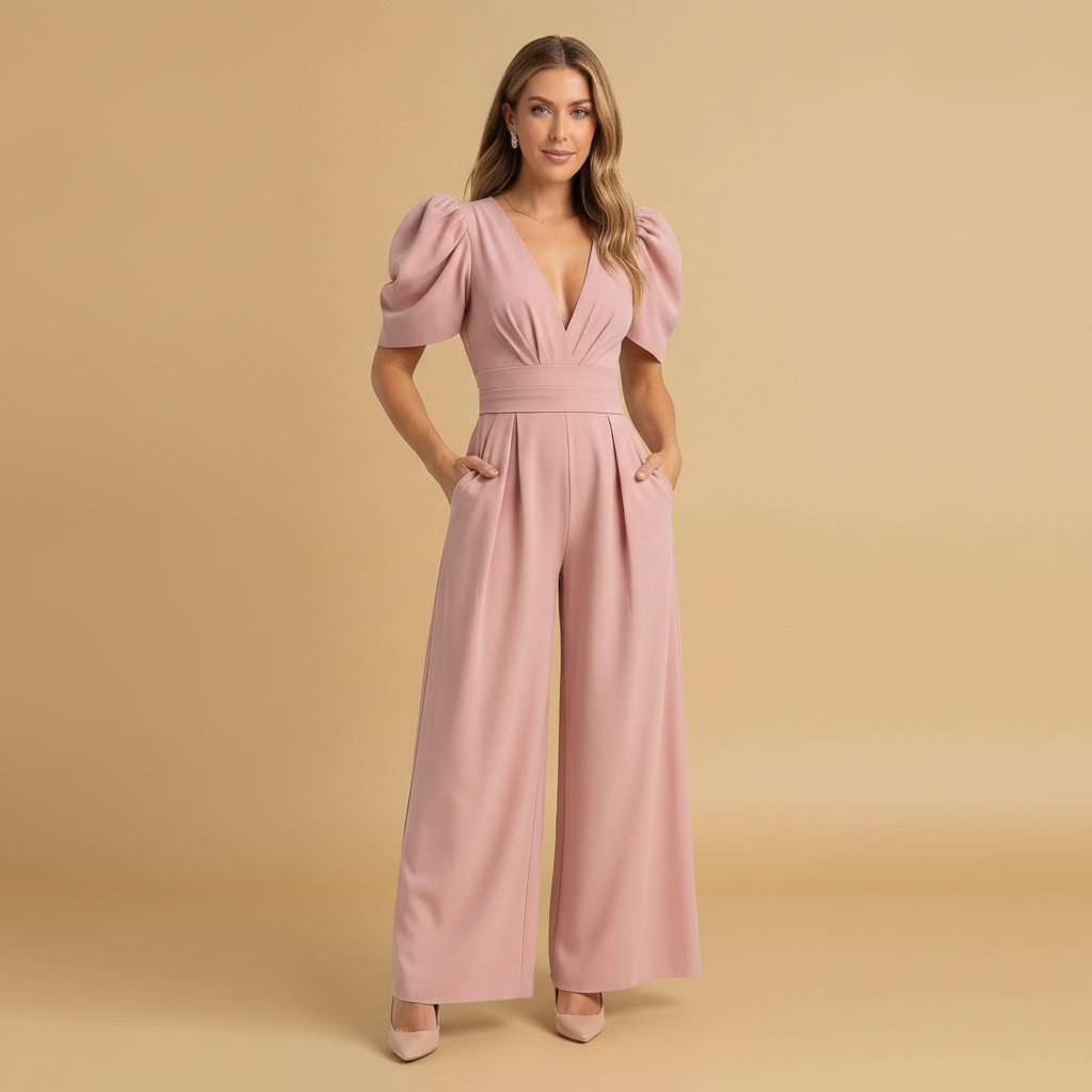 Vivienne | Wide Leg Casual Tailored Puff Sleeve Jumpsuit