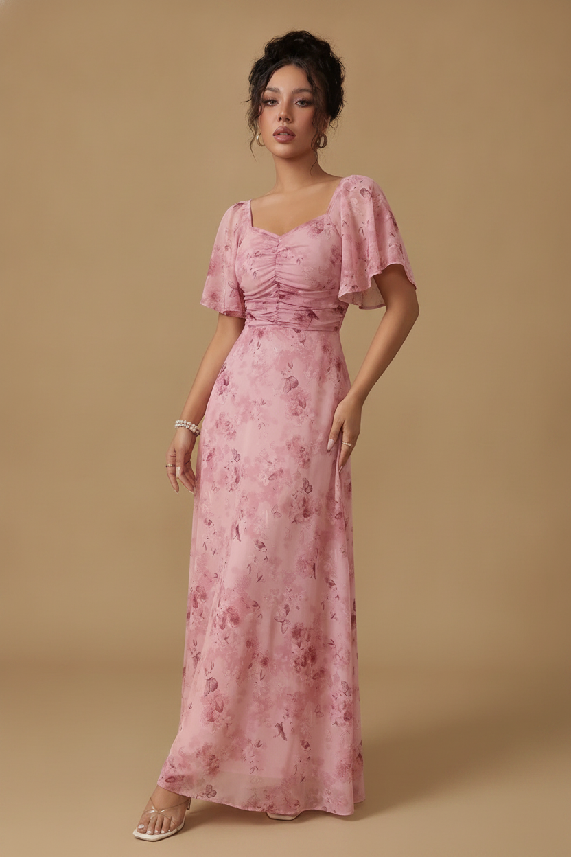 Fleur | Floral Bridesmaid Dresses Maxi Flutter Sleeve Chiffon