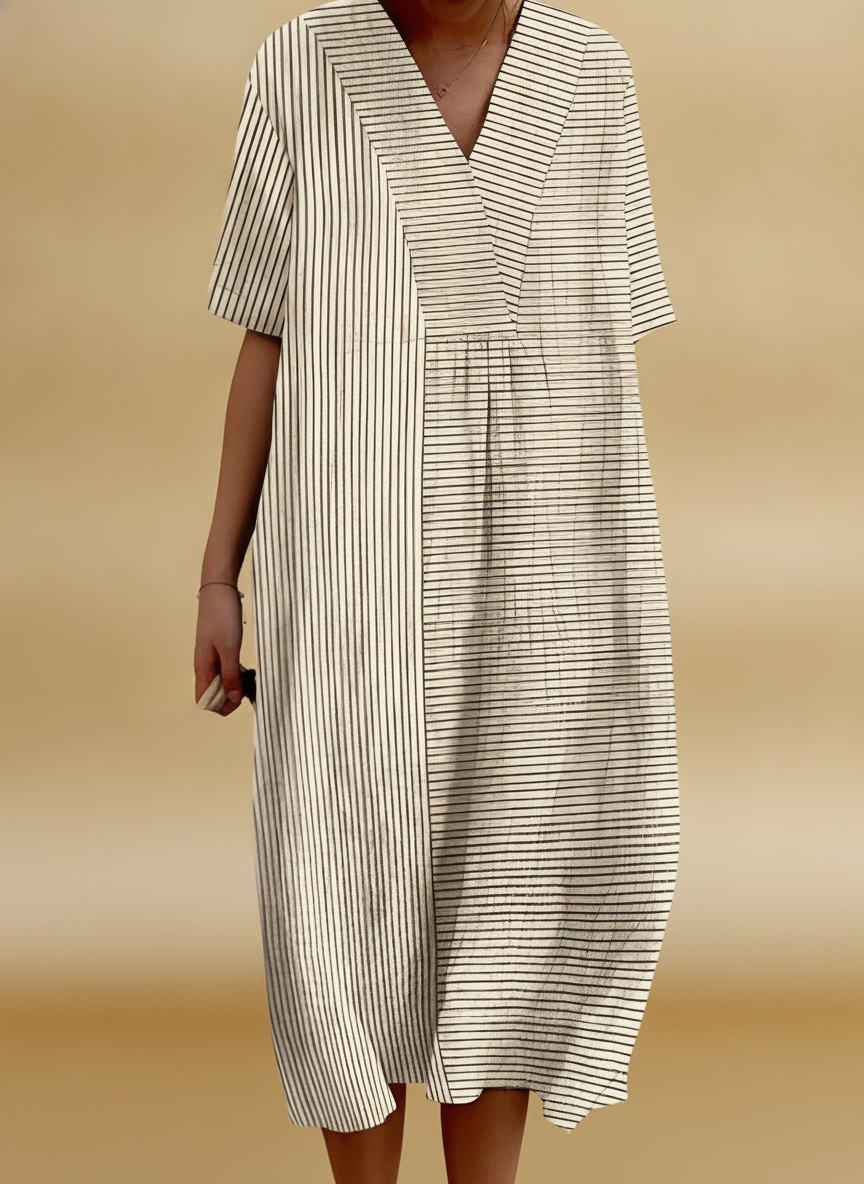Nadia | Long Relaxed Boho V-Neck Striped Frocks For Women