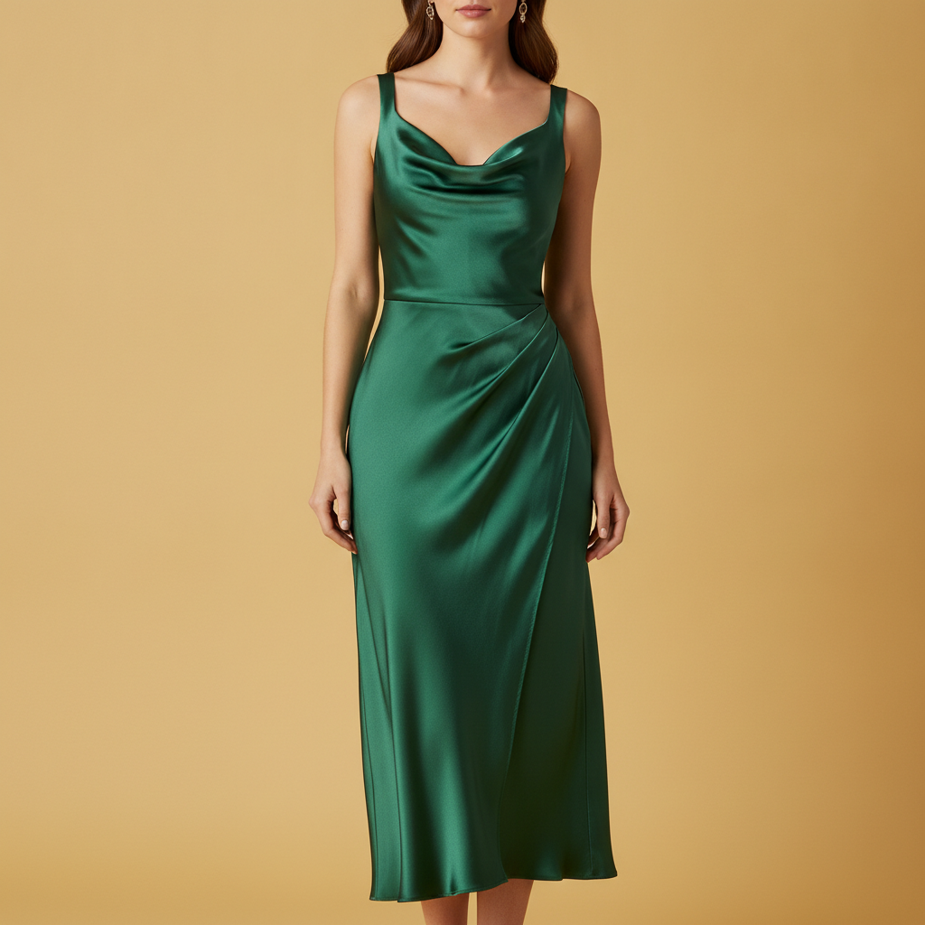 Faustine | Satin Draped Neck Wedding Guest Midi Dresses