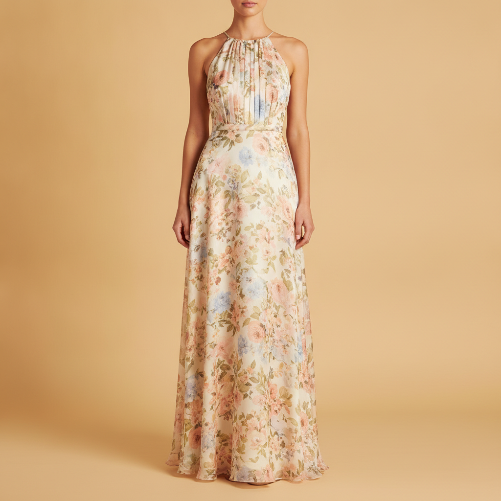 Tamsin | Floral Halter Bridesmaid Dresses Maxi Wedding Guest