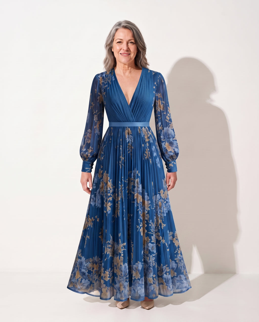 Floriane | Long Sleeve Floral Maxi Wedding Guest Dresses — Blue