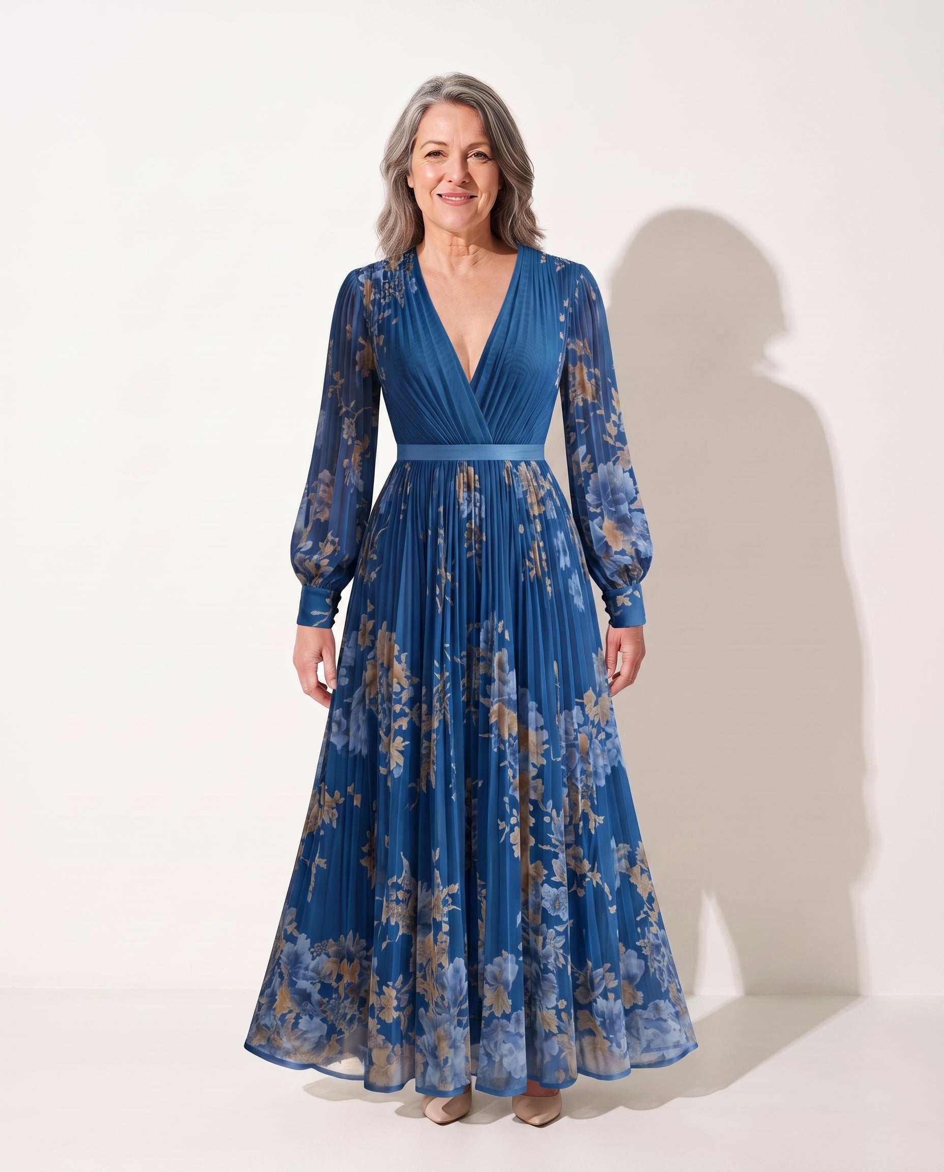 Floriane | Long Sleeve Floral Maxi Wedding Guest Dresses — Blue