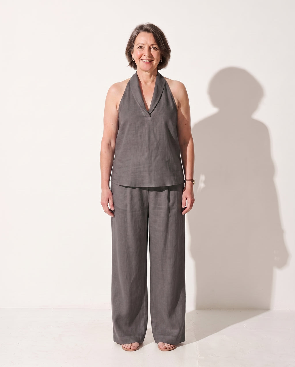 Mirabelle | Camel Wide Leg Trousers Halterneck Co-Ord Set — Dark Grey