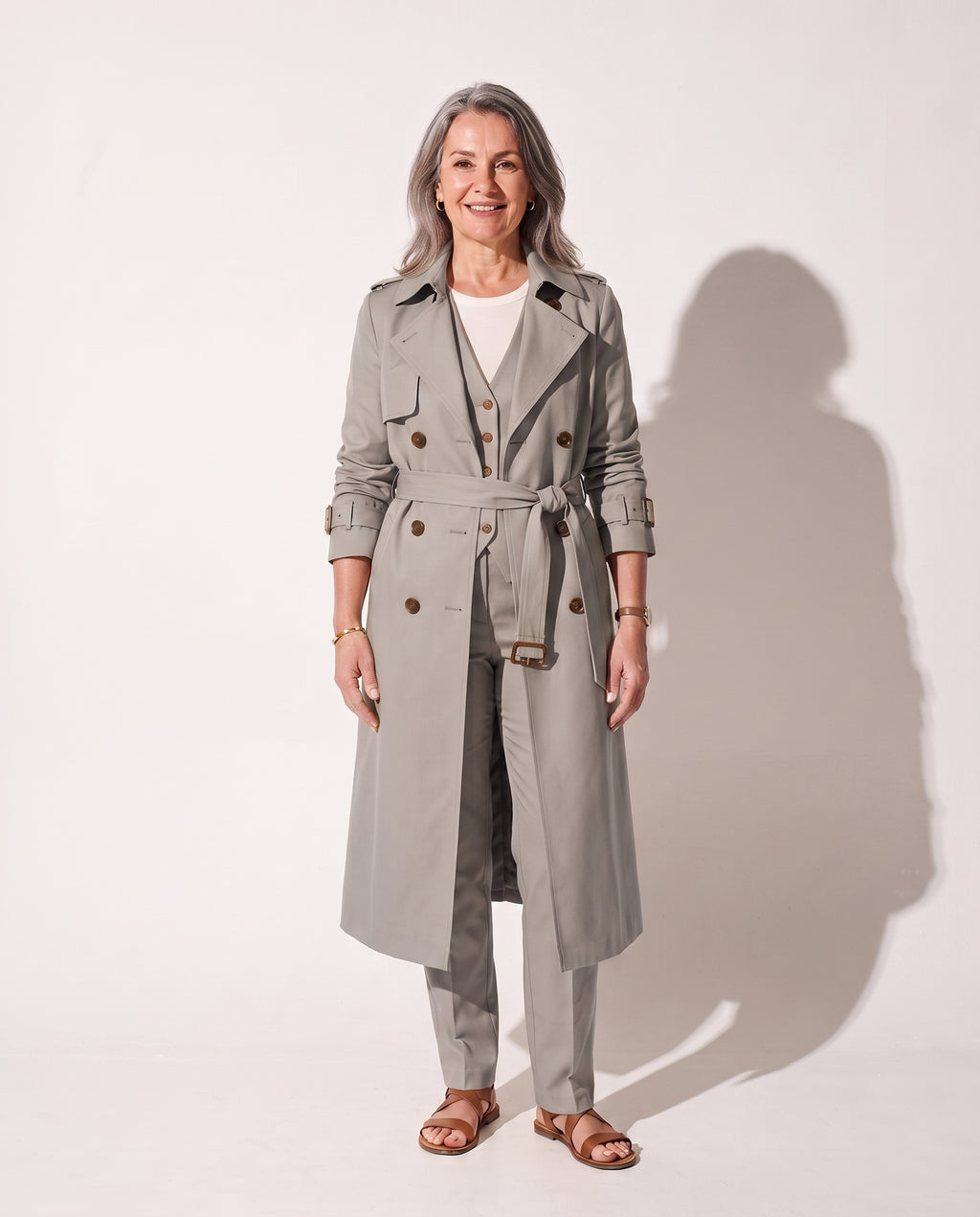 Agathe | Womens Leather Trench Coat Belted Longline — Gray