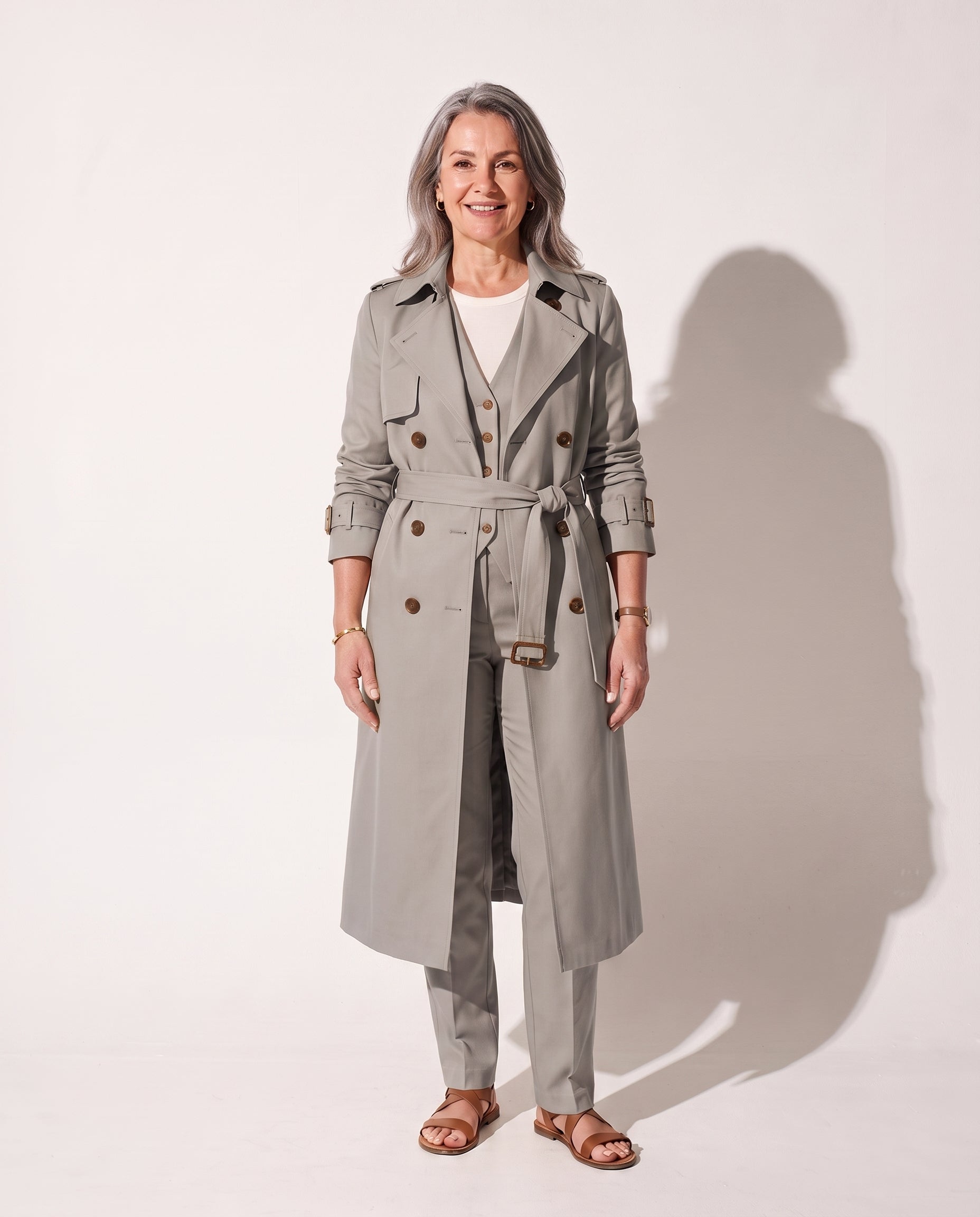 Agathe | Womens Leather Trench Coat Belted Longline — Gray