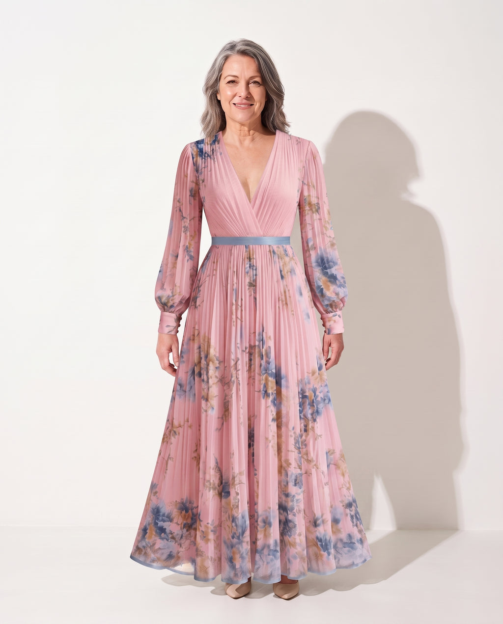Floriane | Long Sleeve Floral Maxi Wedding Guest Dresses — Pink