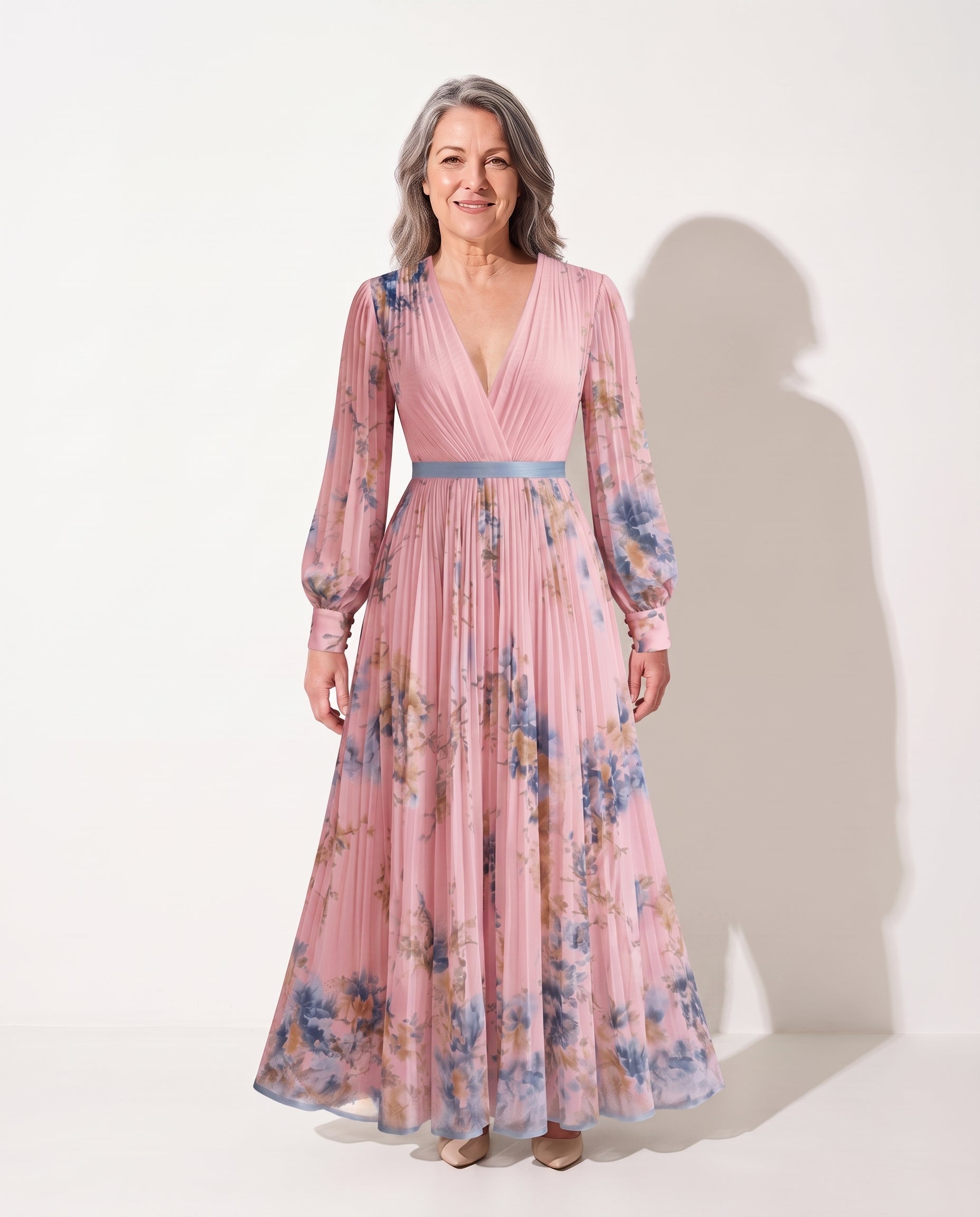 Floriane | Long Sleeve Floral Maxi Wedding Guest Dresses — Pink