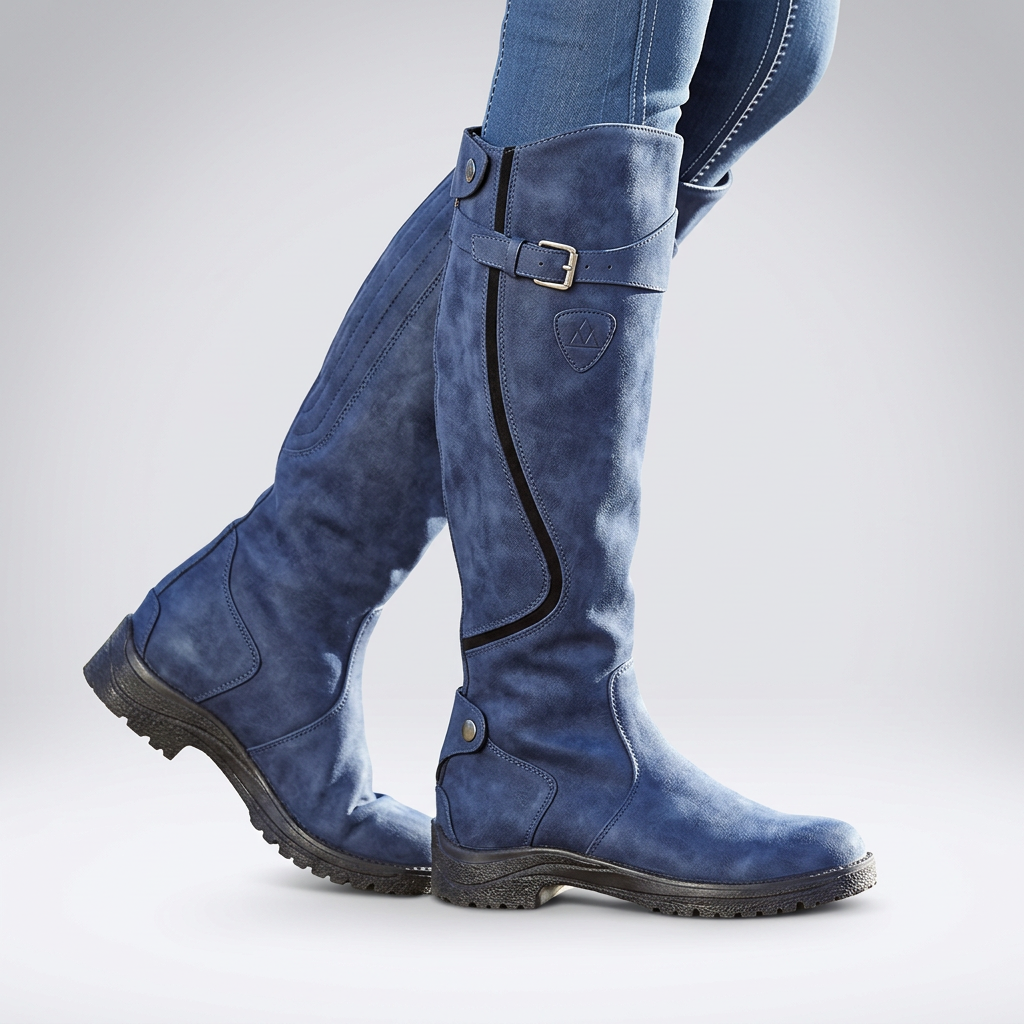 Penelope | Wide Fit Platform Knee High Boots Black Leather — Navy Blue