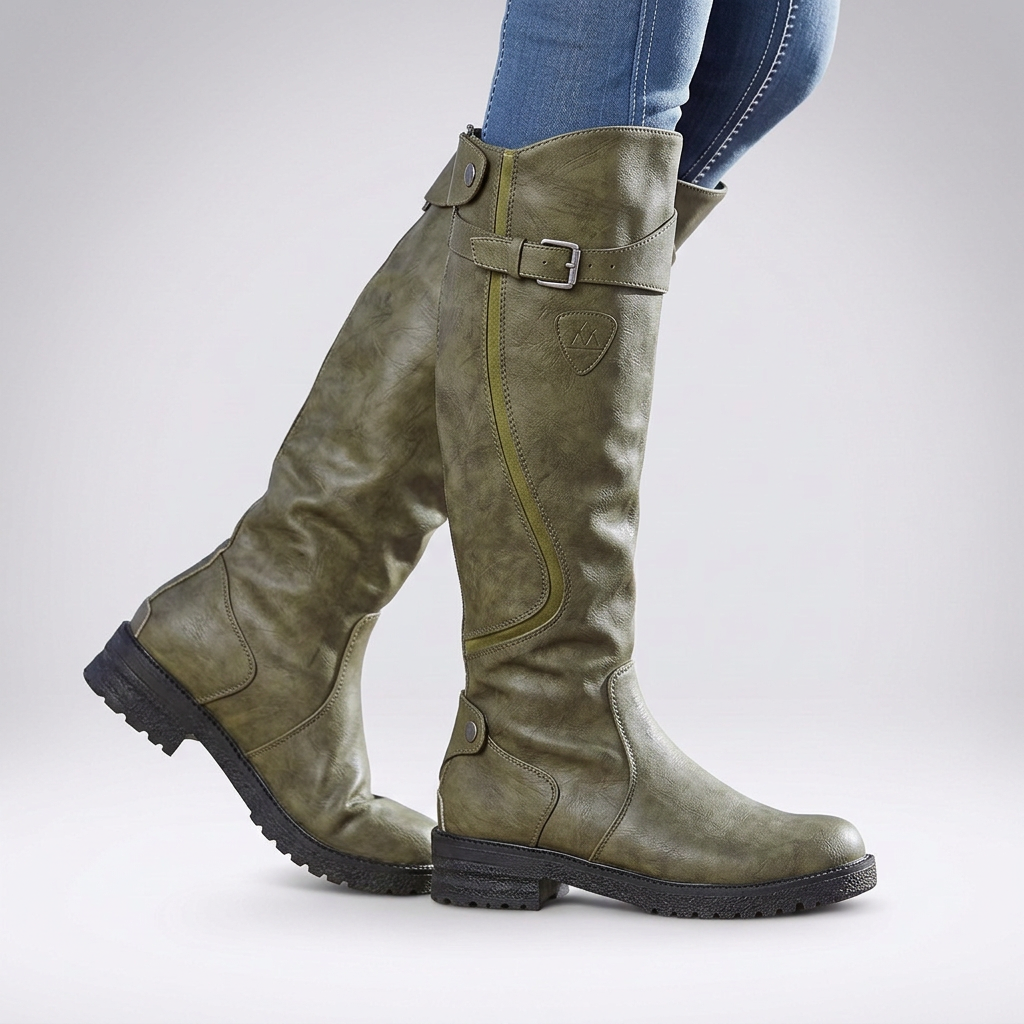 Penelope | Wide Fit Platform Knee High Boots Black Leather — Olive Green
