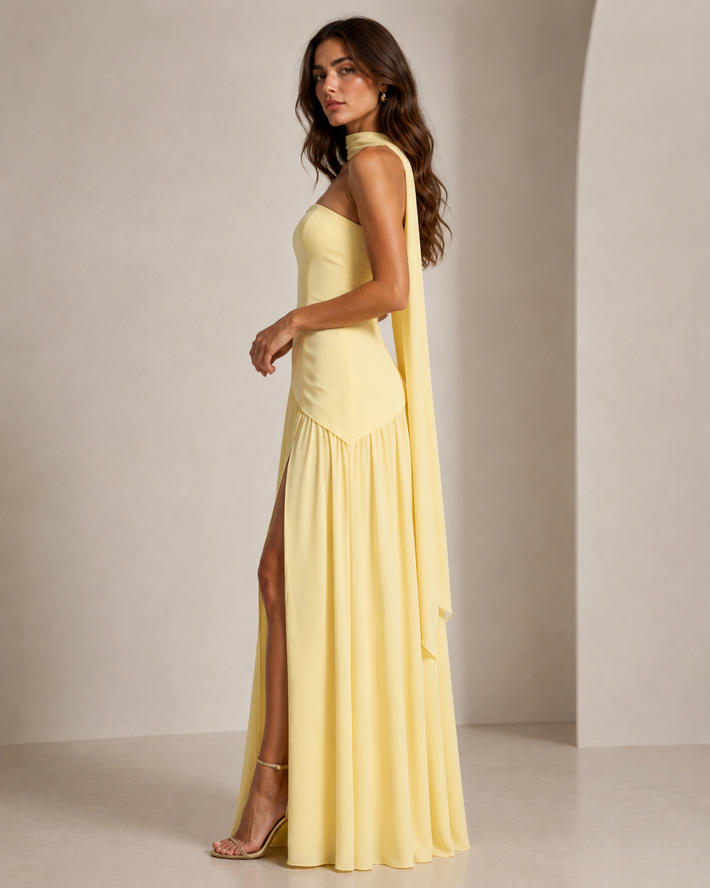 Margaux | Black Strapless Corset Maxi Dress With Scarf Neck
