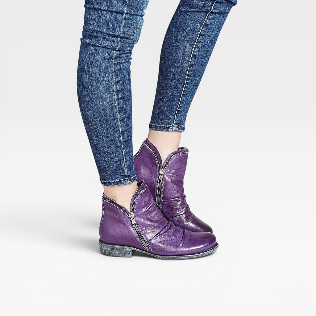 Liliana | Black Leather Low Heel Ankle Boots With Side Zip