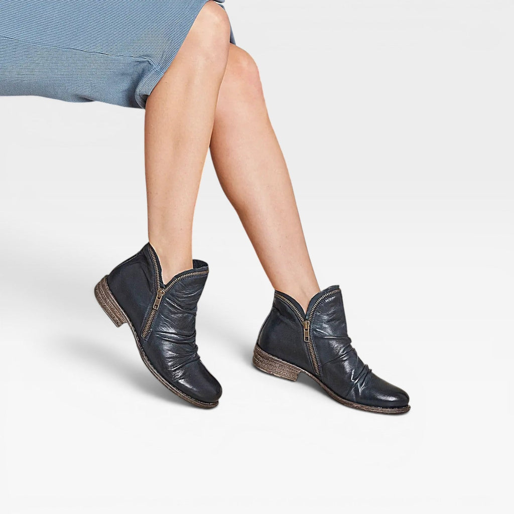 Liliana | Black Leather Low Heel Ankle Boots With Side Zip