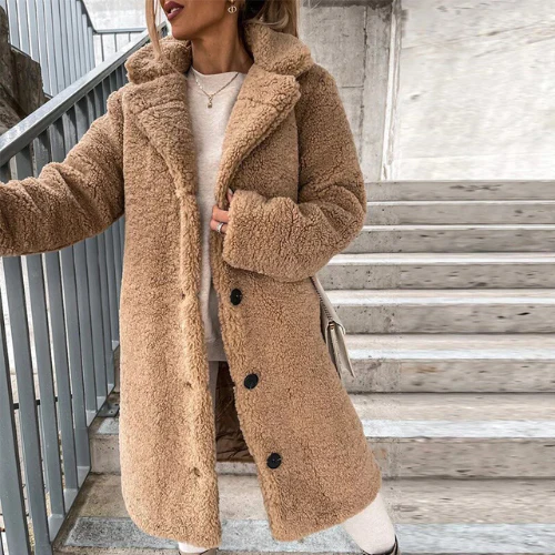 Valentina | Long Teddy Bear Coat Black Pink For Women — Khaki