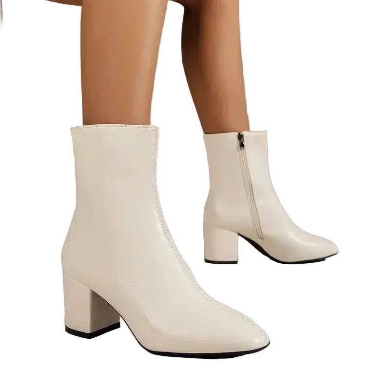 Camille | Black Low Block Heel Leather Ankle Boots