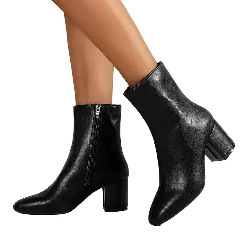 Camille | Black Low Block Heel Leather Ankle Boots — Black