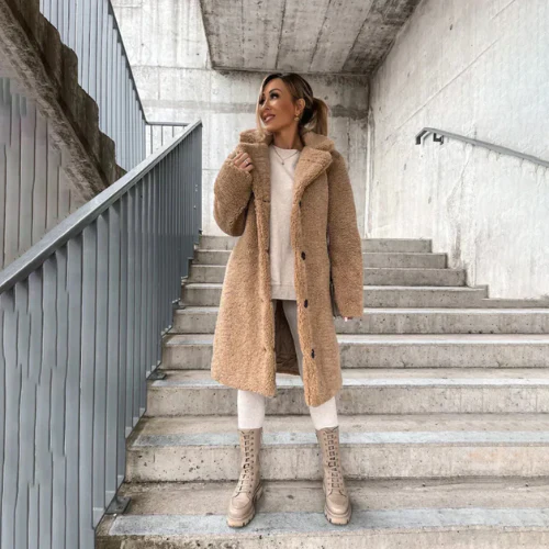 Valentina | Long Teddy Bear Coat Black Pink For Women