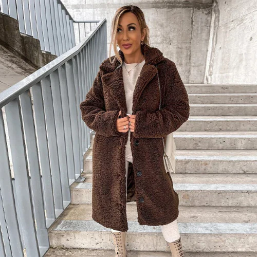 Valentina | Long Teddy Bear Coat Black Pink For Women — Coffee