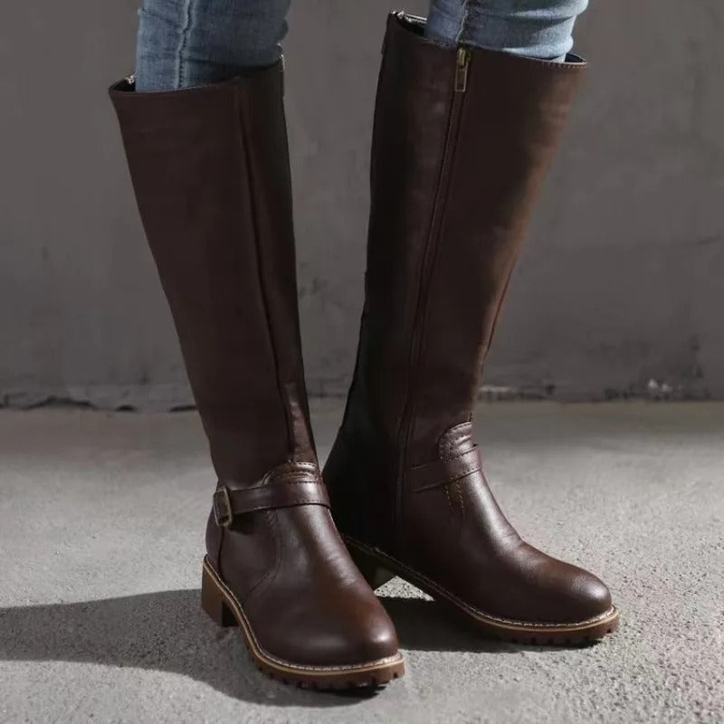 Vivienne | Black Leather Knee High Riding Boots — Coffee