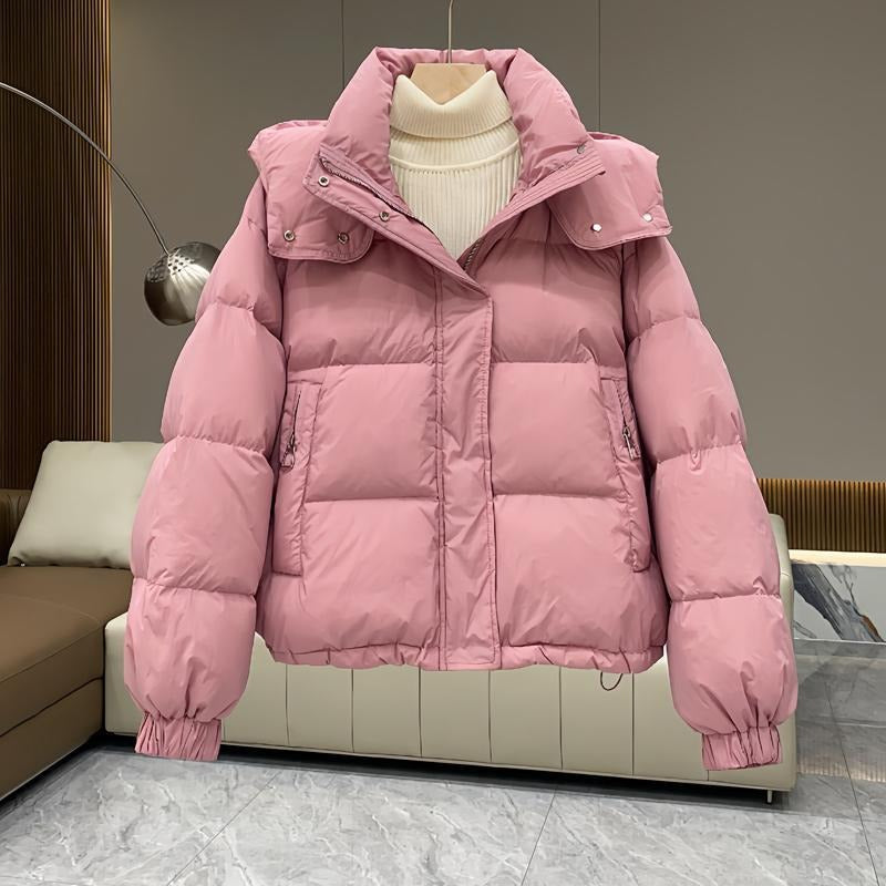 Wilhelmina | Black Hooded Puffer Jacket Coat With Fur Trim — Pink